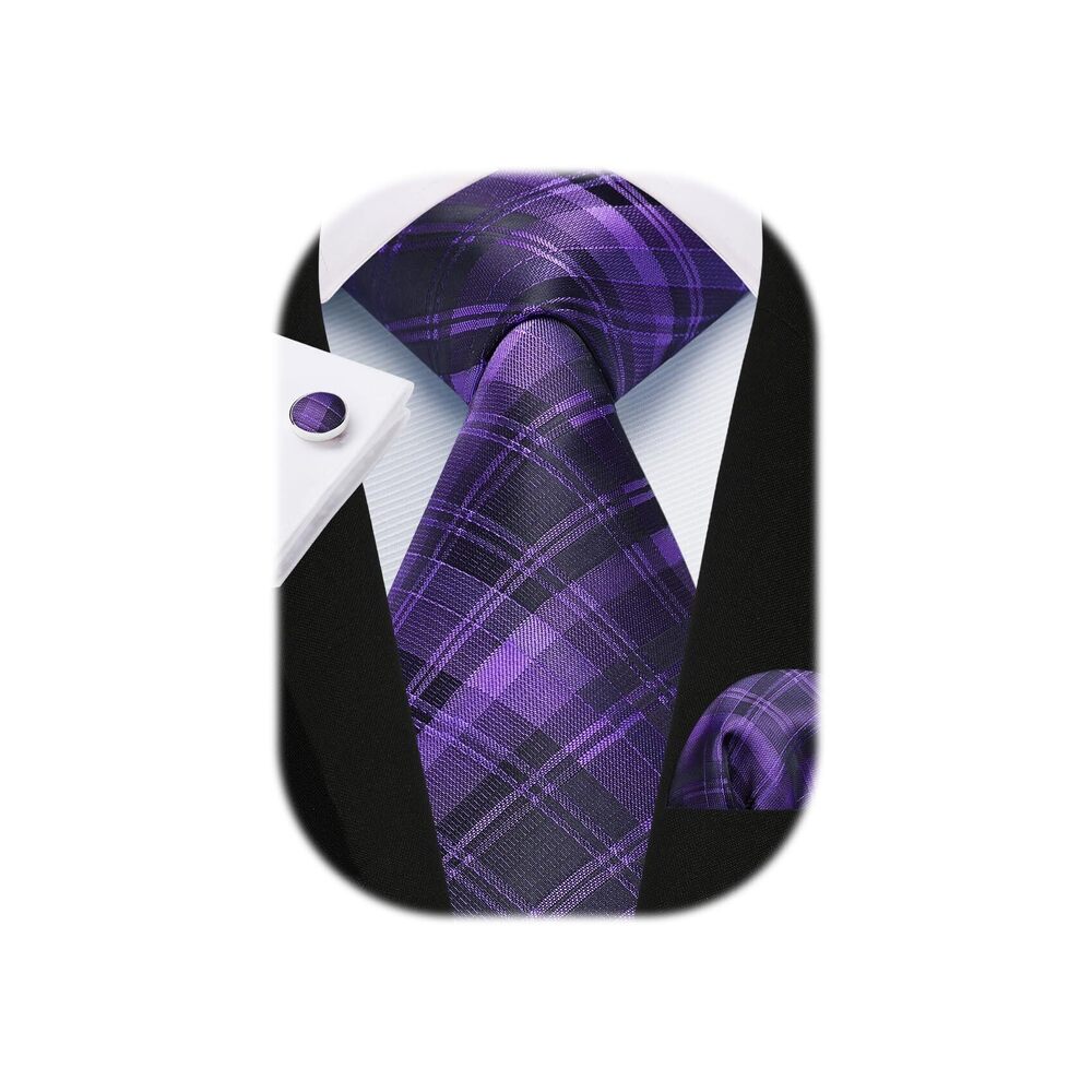4597 Tie Set Purple Silk Ties and Pocket Square Cufflinks Set Violet Plaid